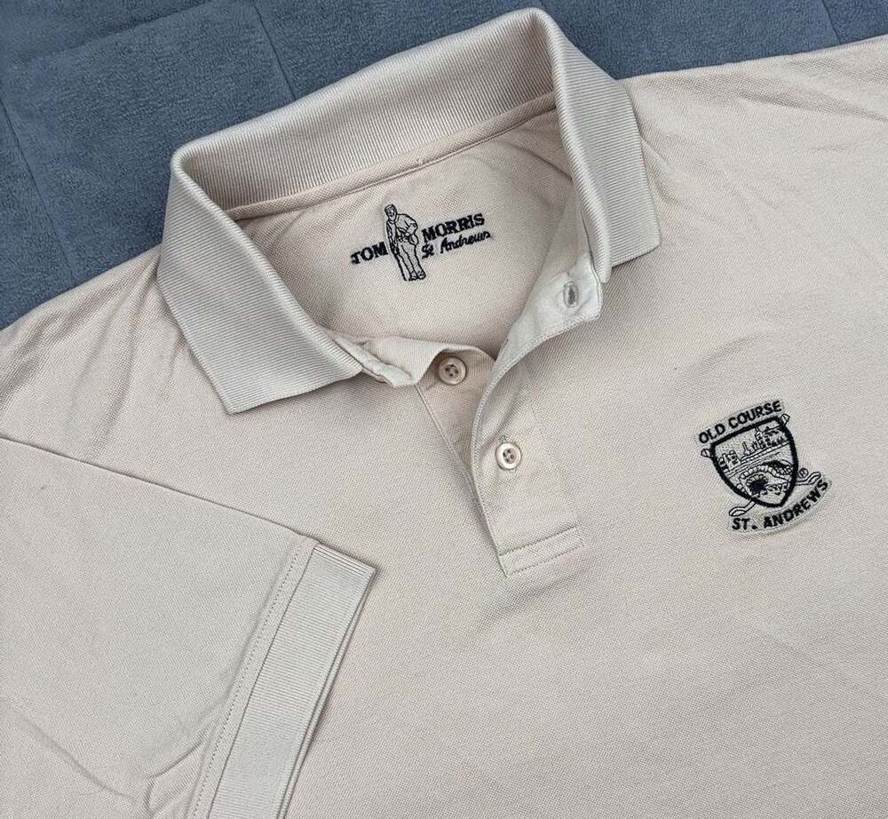 Vintage Tom Morris St. Andrews Old Course Embroidered Polo Shirt Beige